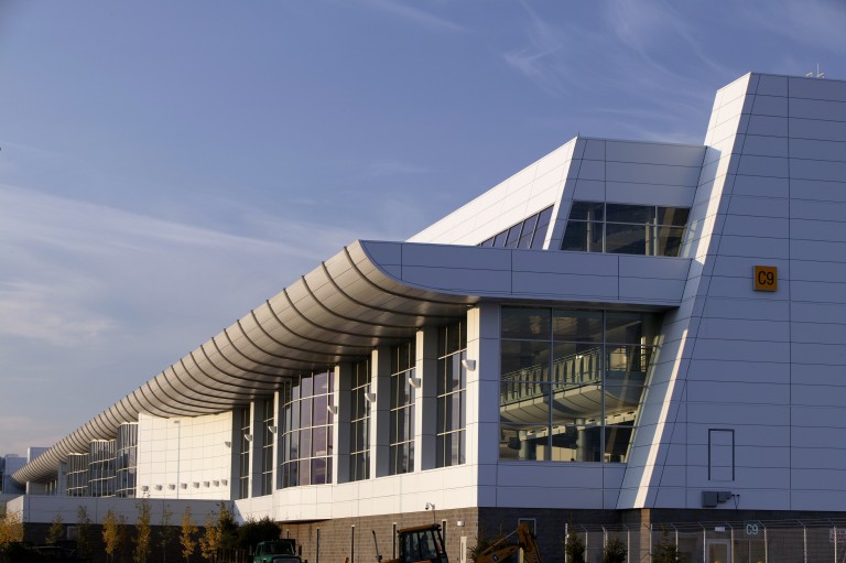 Exterior of airport with decorative panels