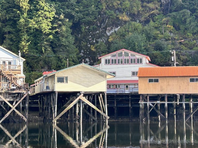 Multiple colorful wood slab buildings on docks over water
