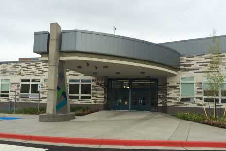 Covered decorative entryway to school