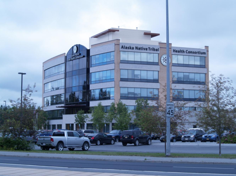 Multistory building with large glass windows